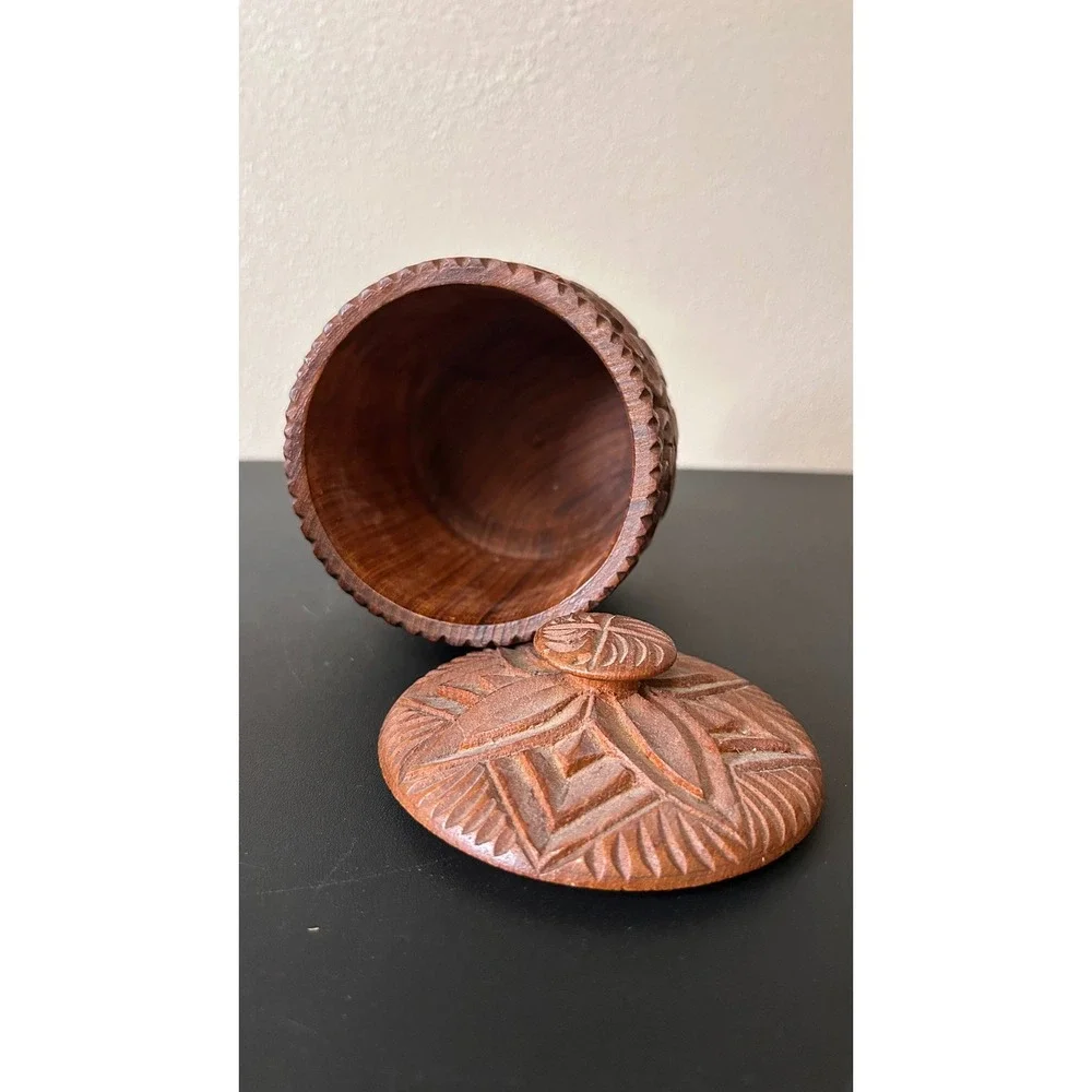 Vintage Thai Hand Carved Wood Coaster Set with Storage Canister 8 Piece Brown